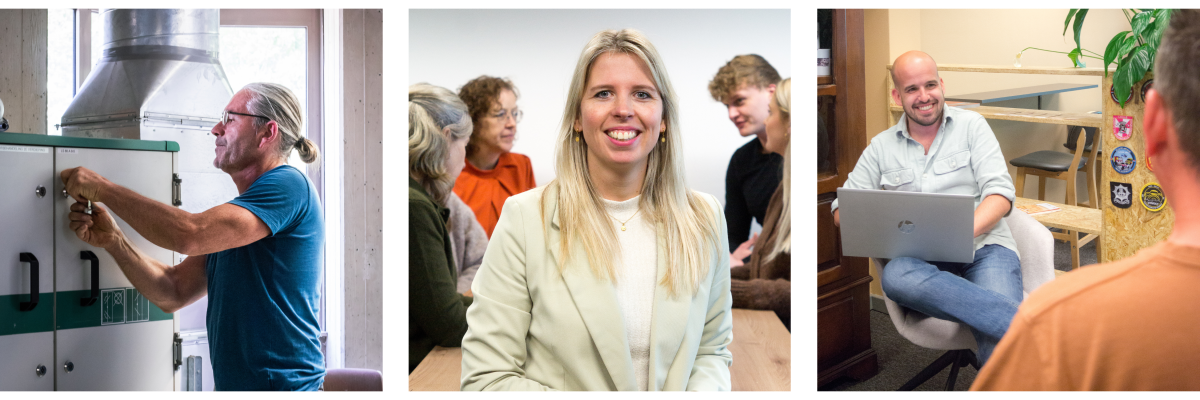 Een drieluik foto van Bedrijfsvoering. Foto 1: collega van huisvesting checkt de meterkast. Foto 2: portretfoto van een communicatie collega, op de achtergrond vergaderen collega's aan tafel. Foto 3: collega zit op een stoel met zijn laptop op schoot