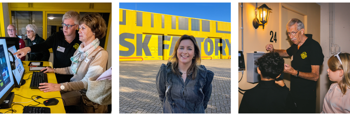 Een drieluik foto van de Risk Factory. Foto 1: een begeleidster legt een oudere dame iets uit op een computerscherm. Foto 2: portretfoto van een collega voor het gebouw van de Risk Factory. Foto 3: een begeleider legt kinderen iets uit bij een telefoon