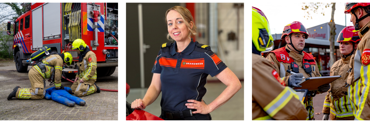 Een drieluik foto van de brandweer. Foto 1: twee brandweermannen voor een tankautospuit die en pop reanimeren. Foto 2: portretfoto van een brandweervrouw in het operationeel uniform. Foto 3: Een groepje brandweermensen in uitrukpak in overleg met elkaar