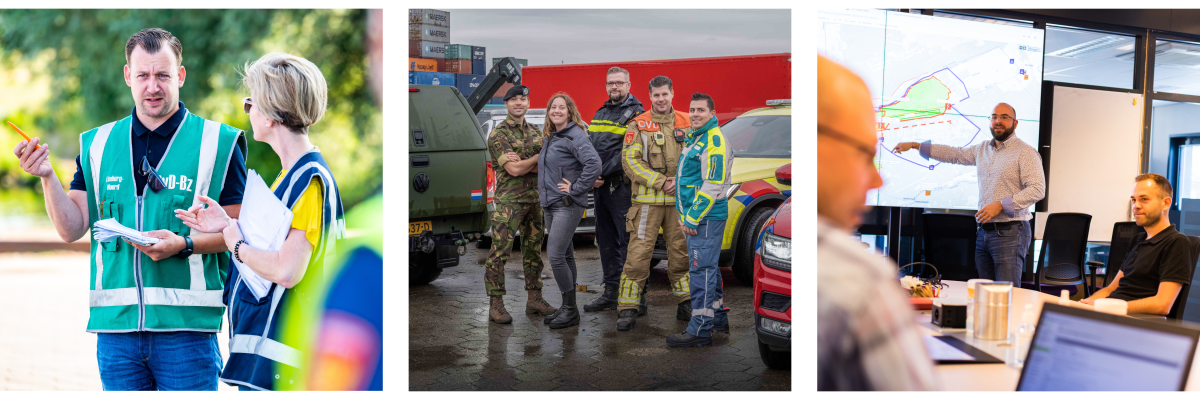 Een drieluik foto van Crisisbeheersing. Foto 1: een GHOR collega met een woordvoerder in overleg. Foto 2: multi foto. Foto 3: collega staat in het RCC en wijst naar het grote digitale scherm. Twee andere collega's zitten aan de overlegtafel