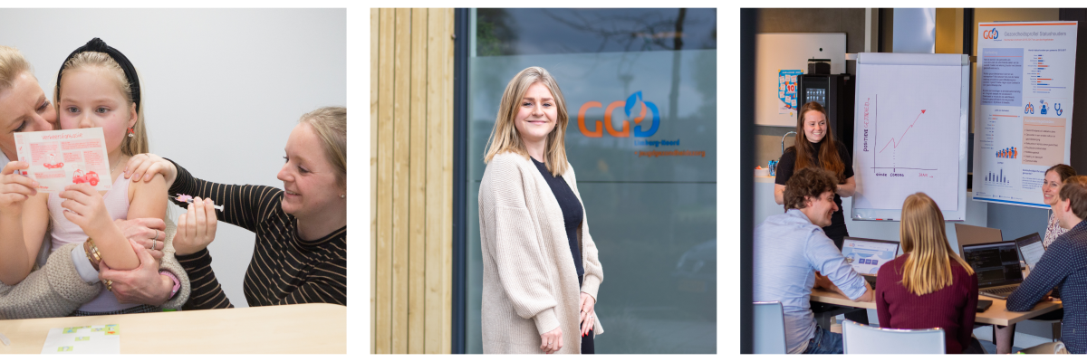 Een drieluik foto van de brandweer. Foto 1: twee brandweermannen voor een tankautospuit die en pop reanimeren. Foto 2: portretfoto van een brandweervrouw in het operationeel uniform. Foto 3: Een groepje brandweermensen in uitrukpak in overleg met elkaar